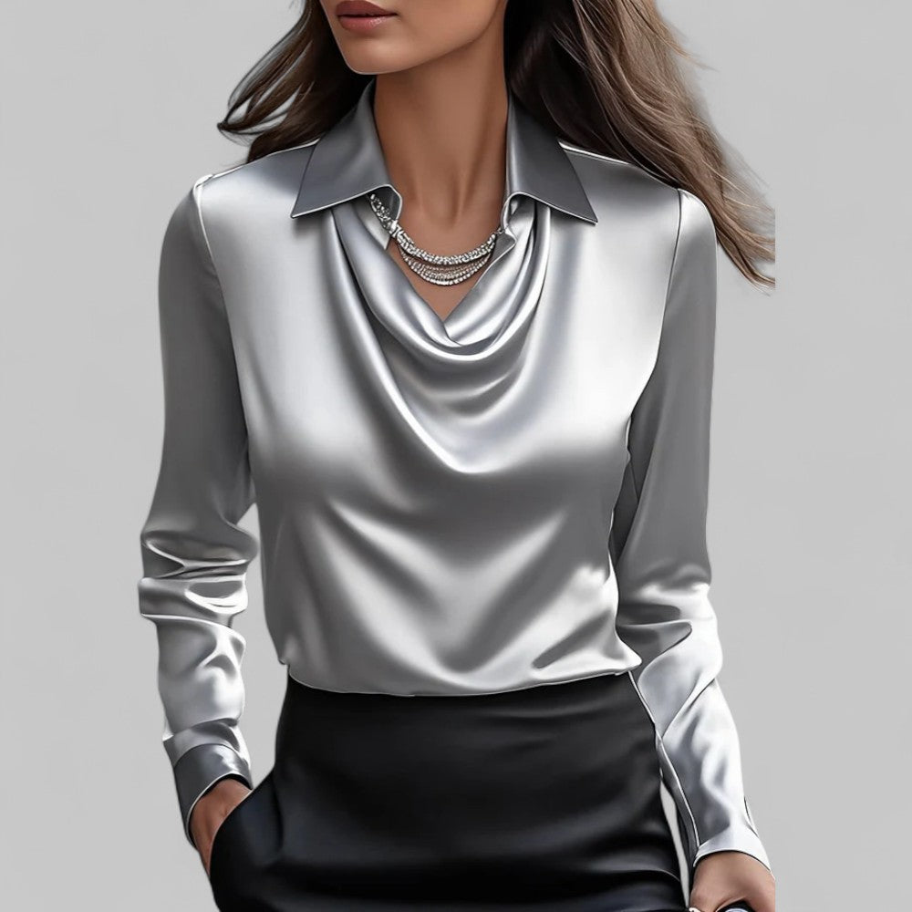 Daniela | Dames Satijnen Blouse met Watervalhals en Lange Mouwen