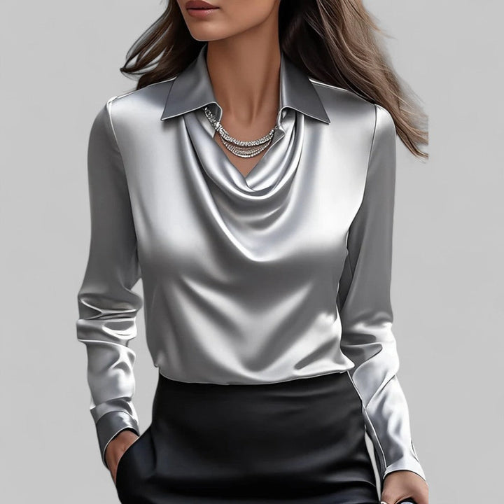 Daniela | Dames Satijnen Blouse met Watervalhals en Lange Mouwen