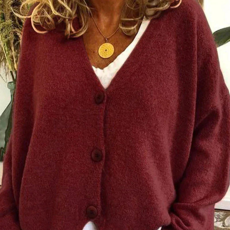 Birgit | Damen Freizeit-Strickjacke mit V-Ausschnitt und Knöpfen
