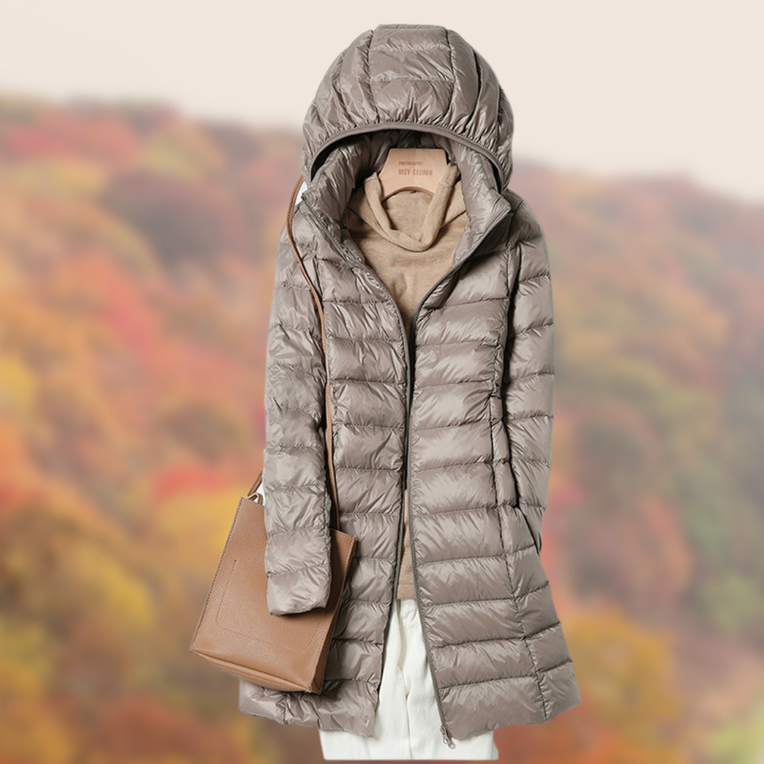 Leonie | Damen Glänzende Lange Steppjacke mit Kapuze