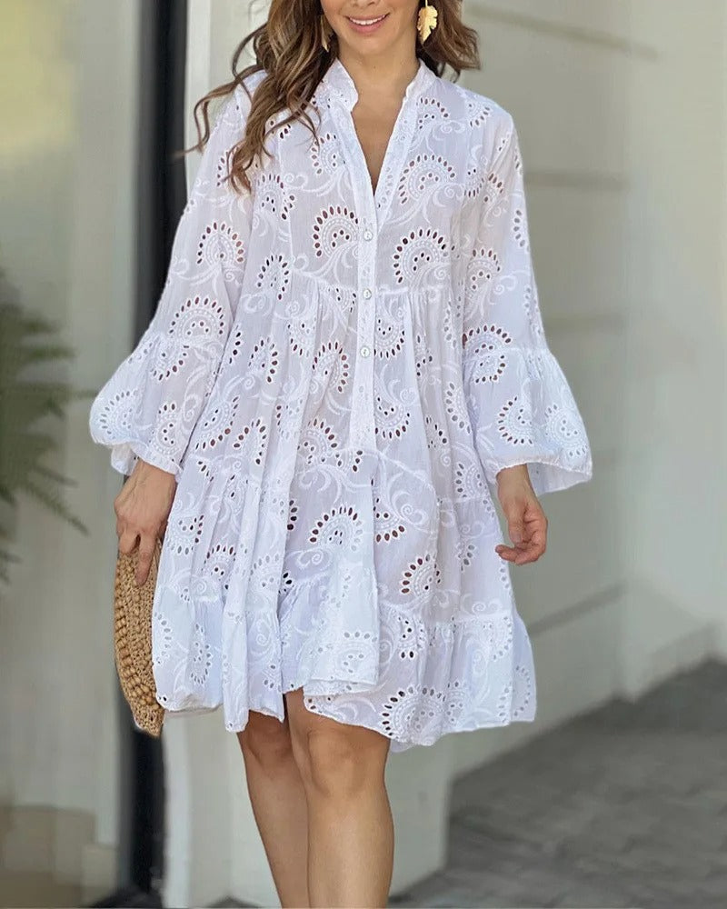 Clara | Damen Boho Midi-Kleid Stufenrock V-Ausschnitt Dreiviertelarm