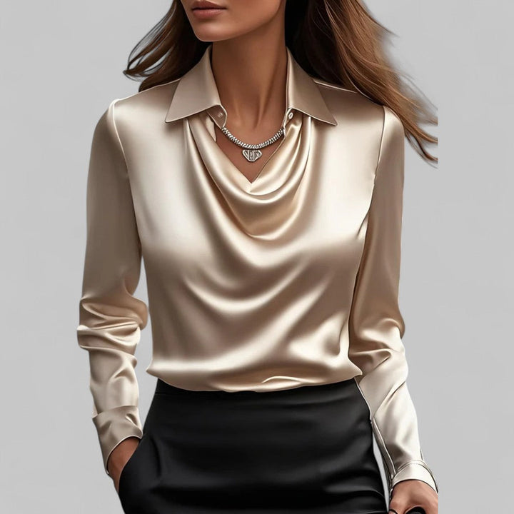 Daniela | Dames Satijnen Blouse met Watervalhals en Lange Mouwen