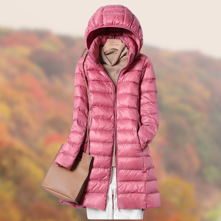 Leonie | Damen Glänzende Lange Steppjacke mit Kapuze