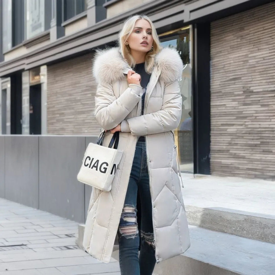 Jessica | Damen Lange Winterjacke mit Kapuze und Fellbesatz