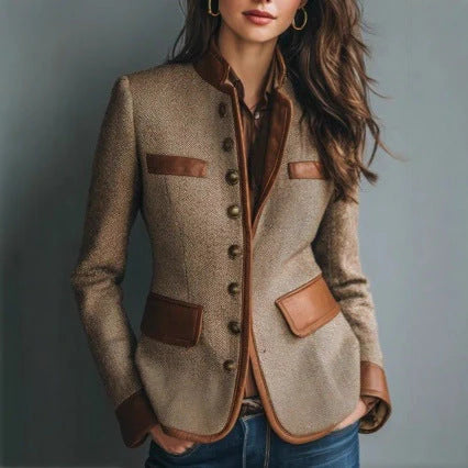 Johanna | Damen Taillierter Tweed-Blazer mit Kunstleder-Details