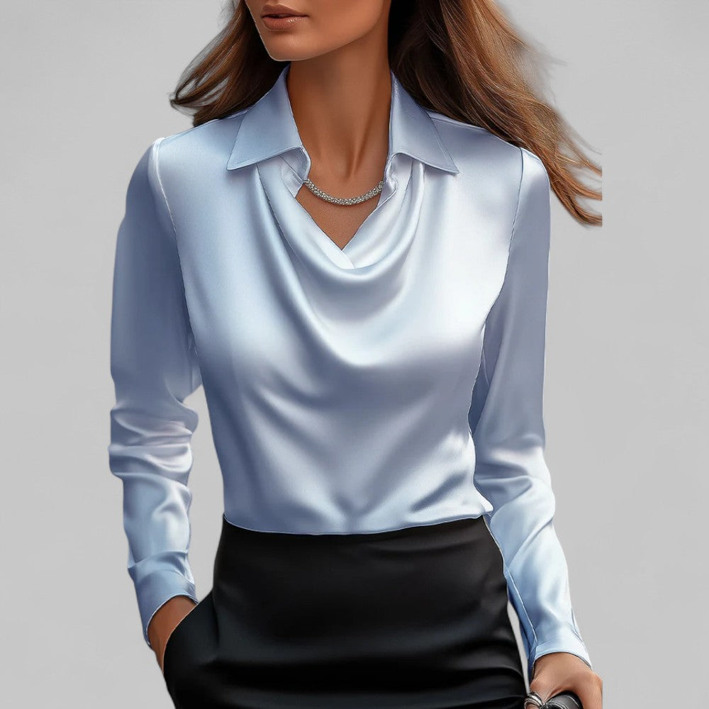 Daniela | Dames Satijnen Blouse met Watervalhals en Lange Mouwen