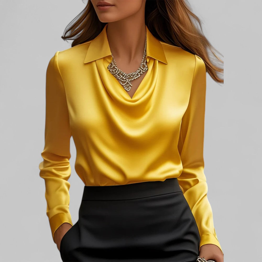 Daniela | Dames Satijnen Blouse met Watervalhals en Lange Mouwen