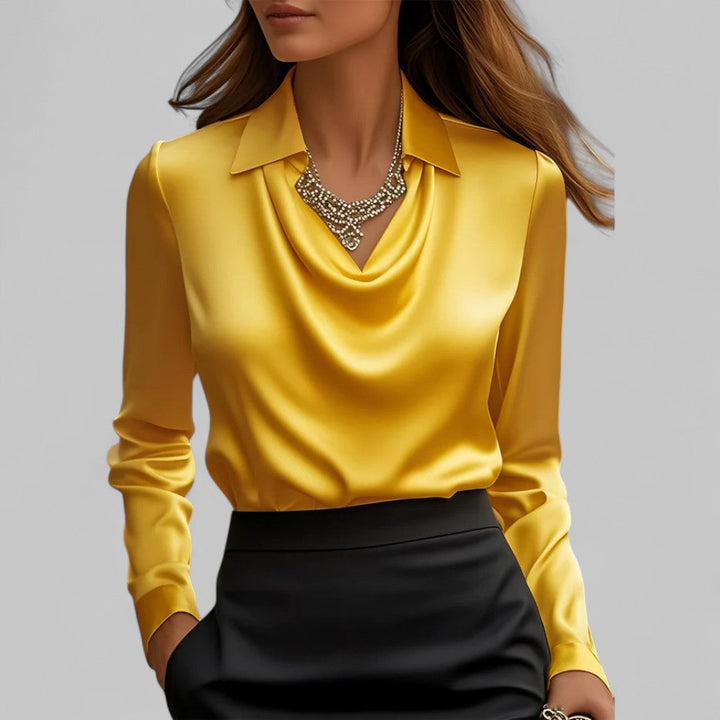 Daniela | Dames Satijnen Blouse met Watervalhals en Lange Mouwen
