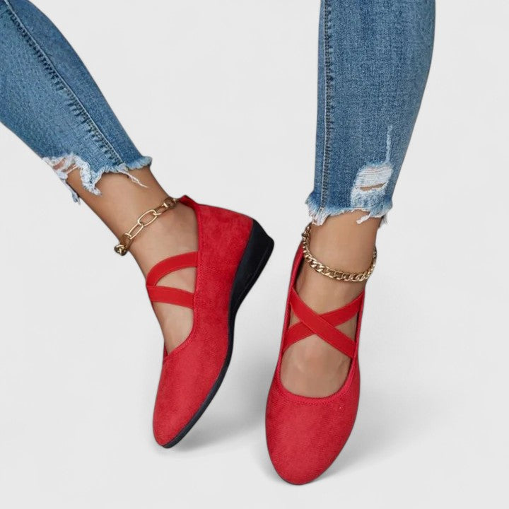 Laura | Damen Frühlings Riemchen Rundzehen Keilabsatz Flats