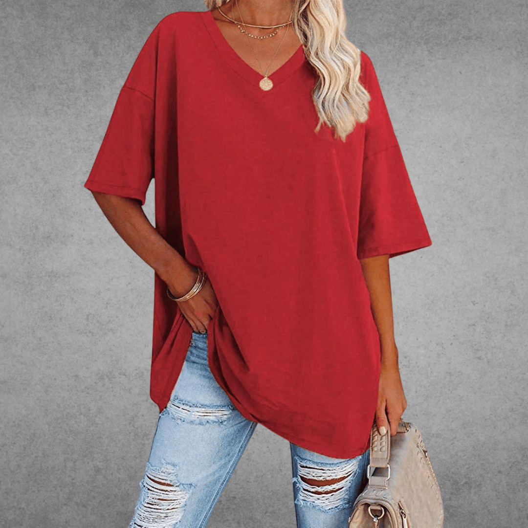Franziska | Damen Lässiges Oversize V-Ausschnitt T-Shirt