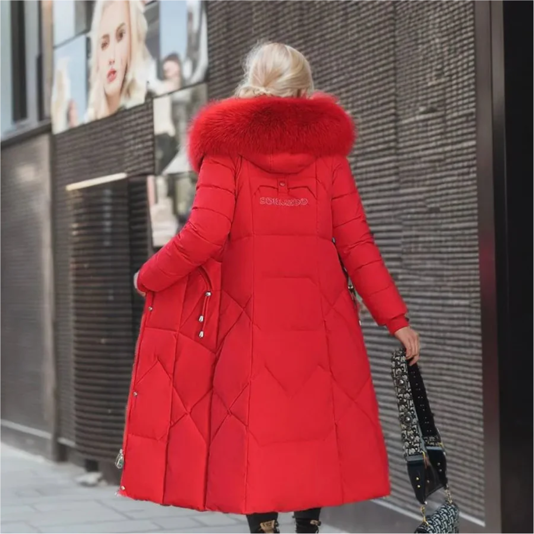 Jessica | Damen Lange Winterjacke mit Kapuze und Fellbesatz