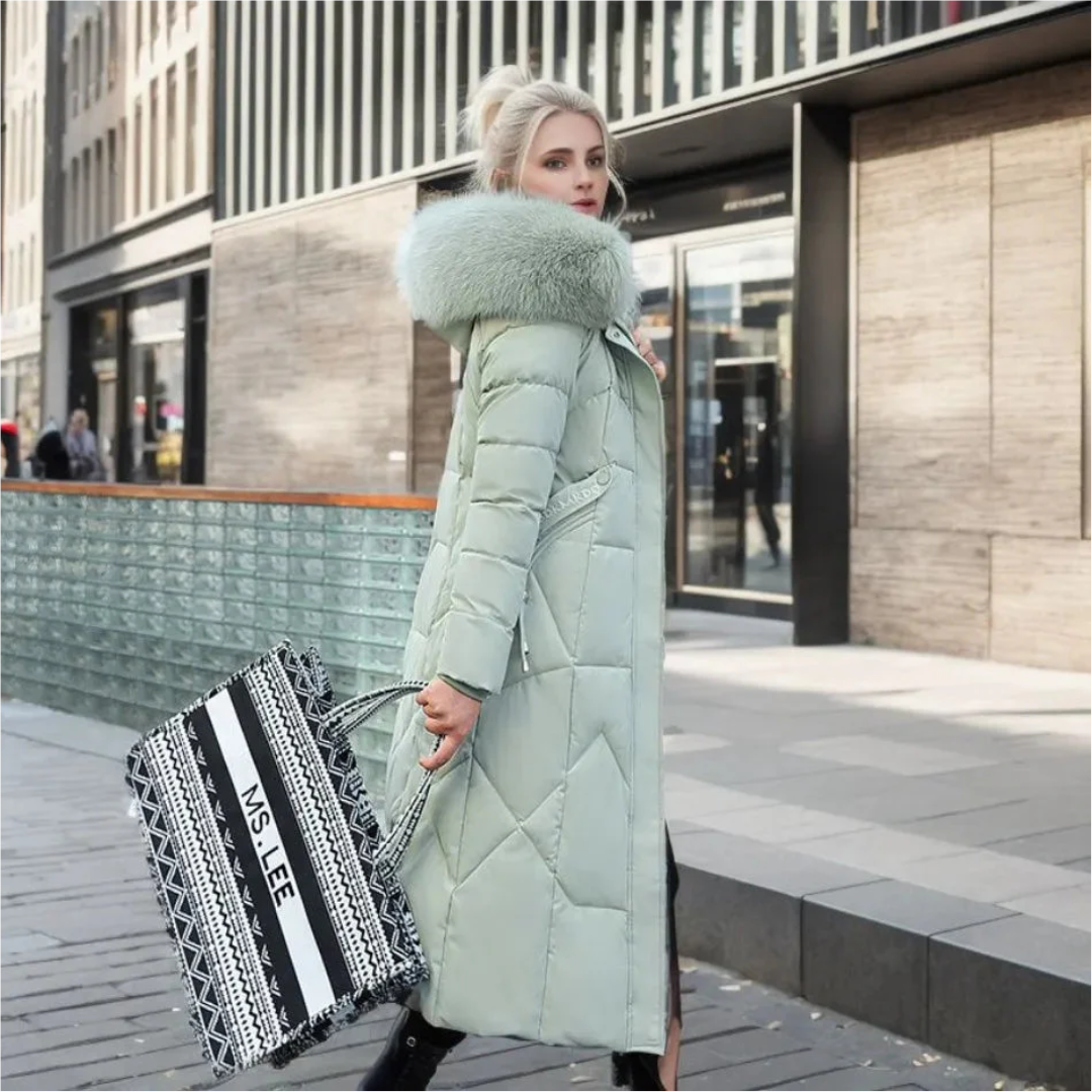 Jessica | Damen Lange Winterjacke mit Kapuze und Fellbesatz