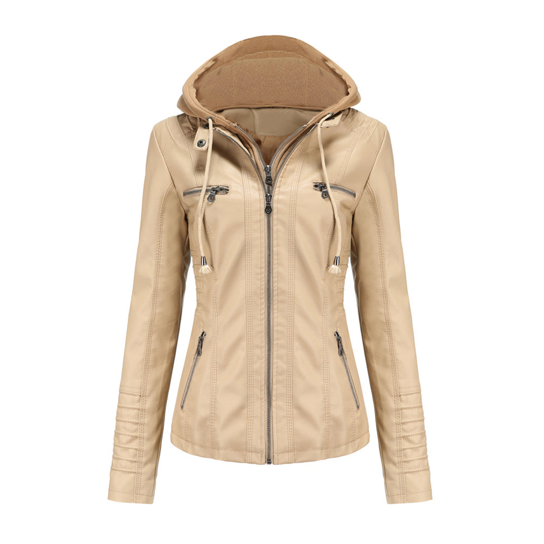 Lara | Damen Kunstleder-Motorradjacke mit Kapuze