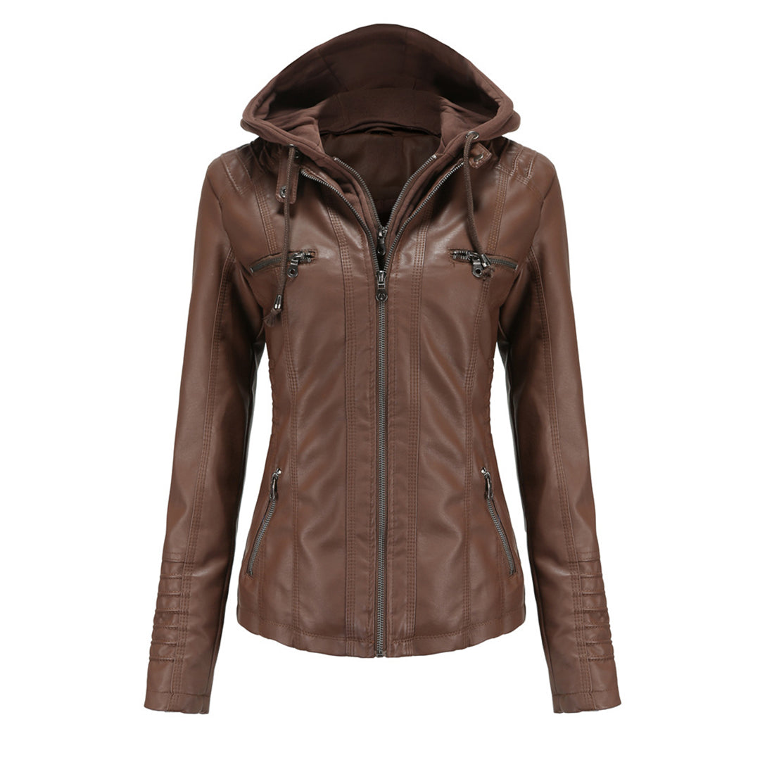 Lara | Damen Kunstleder-Motorradjacke mit Kapuze