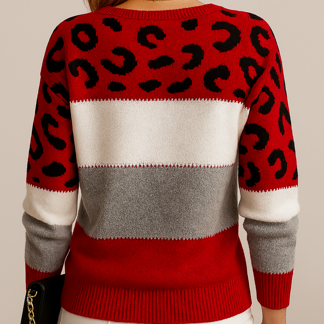 Viola | Damen Weicher Strickpullover mit Farbblock und Leopardenmuster