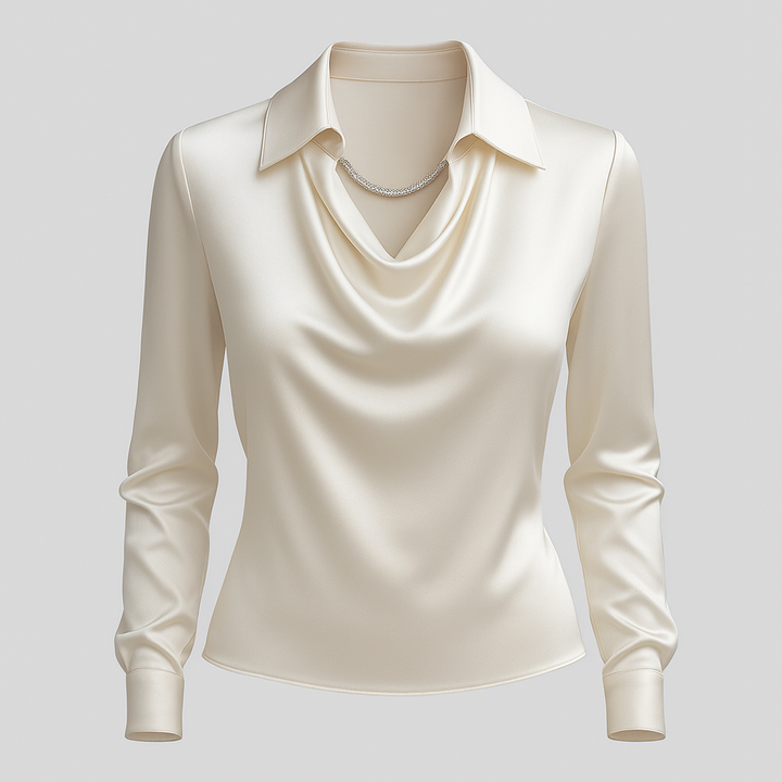 Daniela | Dames Satijnen Blouse met Watervalhals en Lange Mouwen