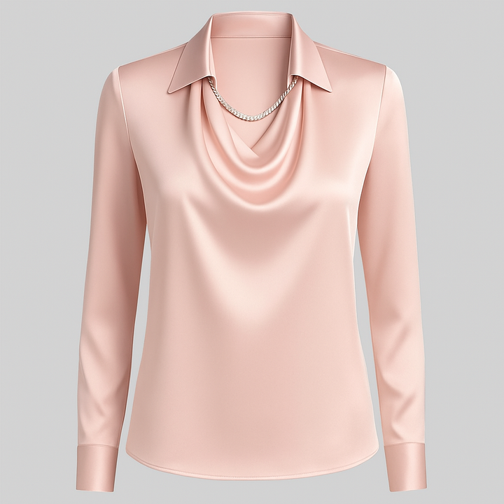 Daniela | Dames Satijnen Blouse met Watervalhals en Lange Mouwen