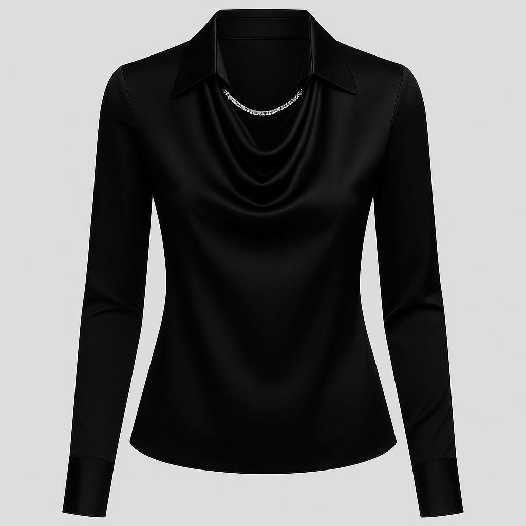 Daniela | Dames Satijnen Blouse met Watervalhals en Lange Mouwen