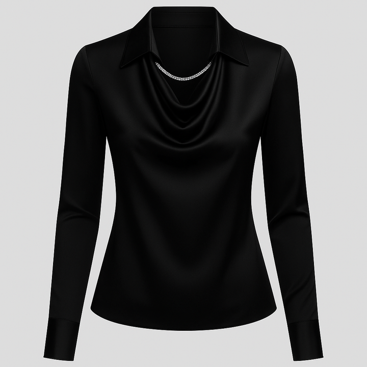 Daniela | Dames Satijnen Blouse met Watervalhals en Lange Mouwen