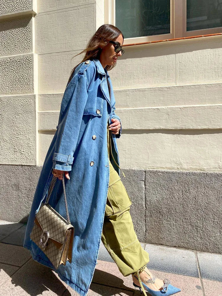 Carolin | Damen Langer Jeans-Trenchcoat mit Gürtel