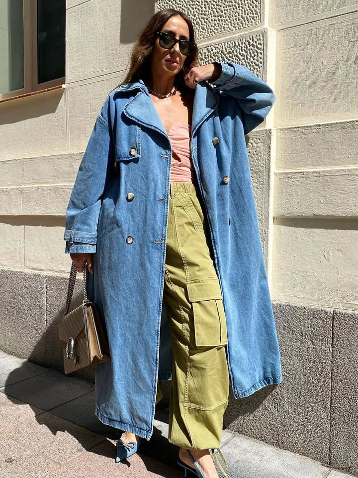 Carolin | Damen Langer Jeans-Trenchcoat mit Gürtel