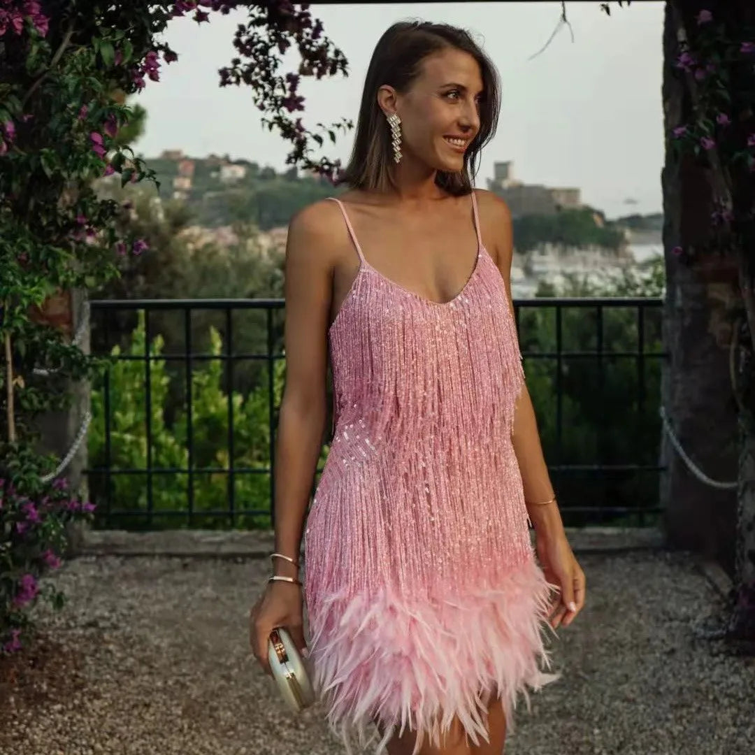Claudia | Damen Cocktailkleid mit Fransen und Federn
