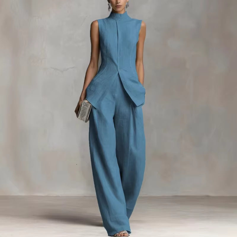 Charlotte | Damen Leinen Zweiteiler Set Stehkragen Top Weite Hose