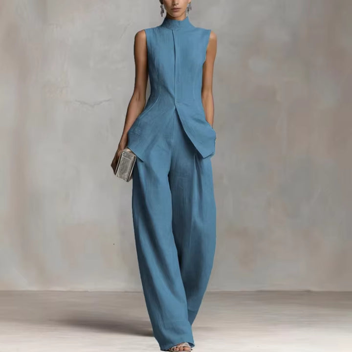 Charlotte | Damen Leinen Zweiteiler Set Stehkragen Top Weite Hose