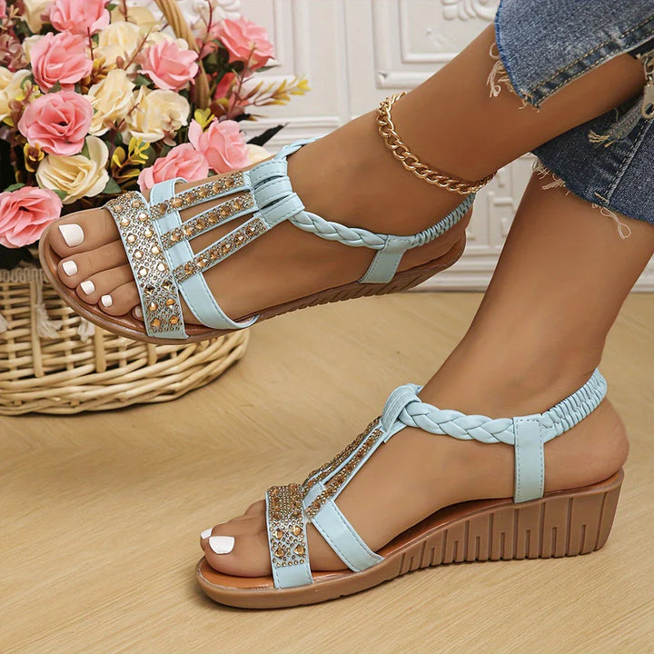 Marlene | Damen Orthopädische T-Steg Keilabsatz Sandalen Strass-Details