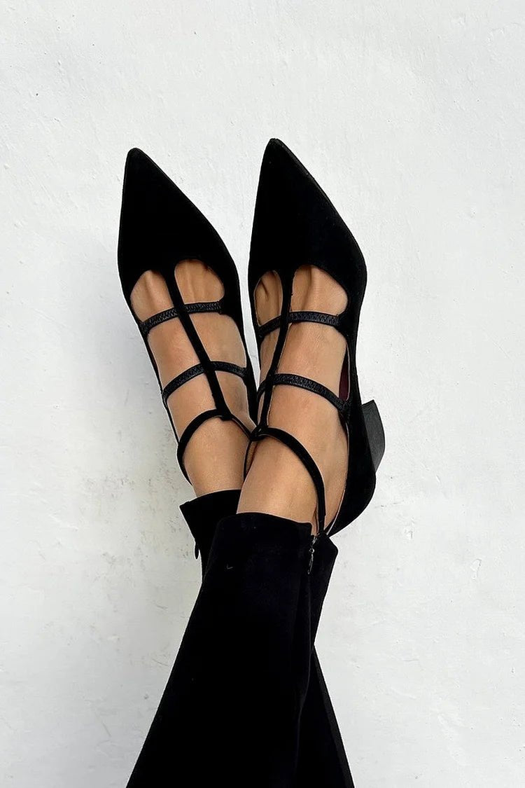 Ballerinas Spitz Riemchen Knöchelriemen Block-Absatz - Black