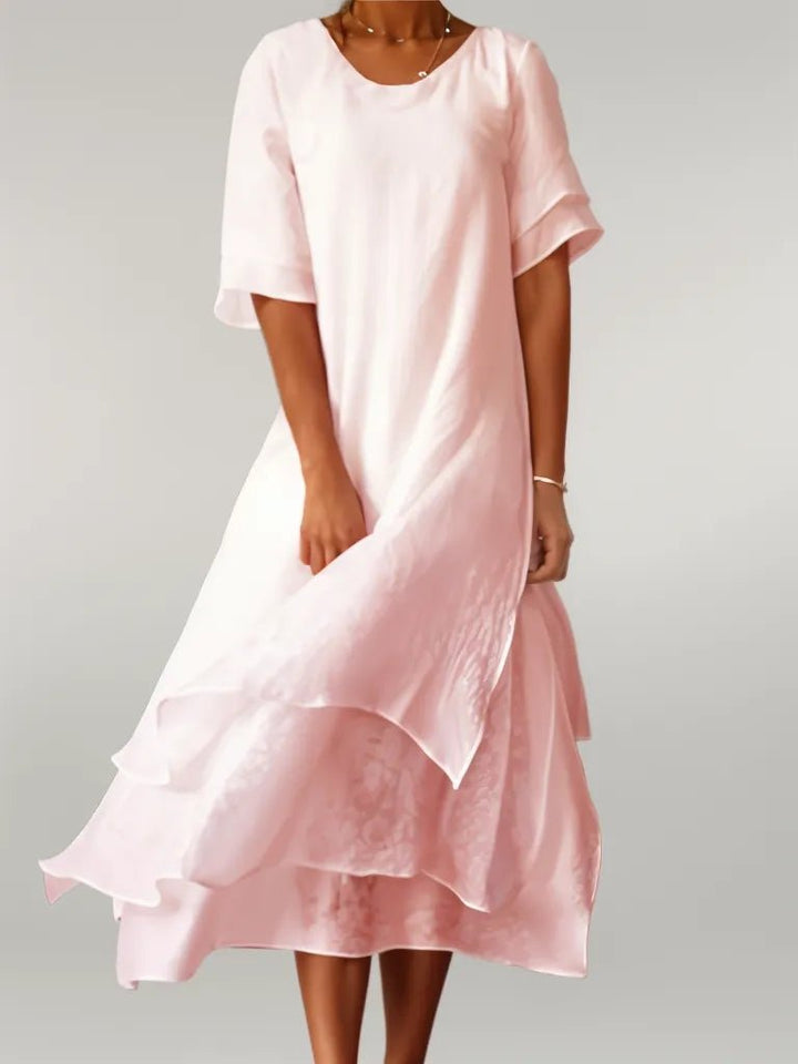 Baumwoll Maxi Kleid Eleganter Rundhals Fließender Schnitt - Pink