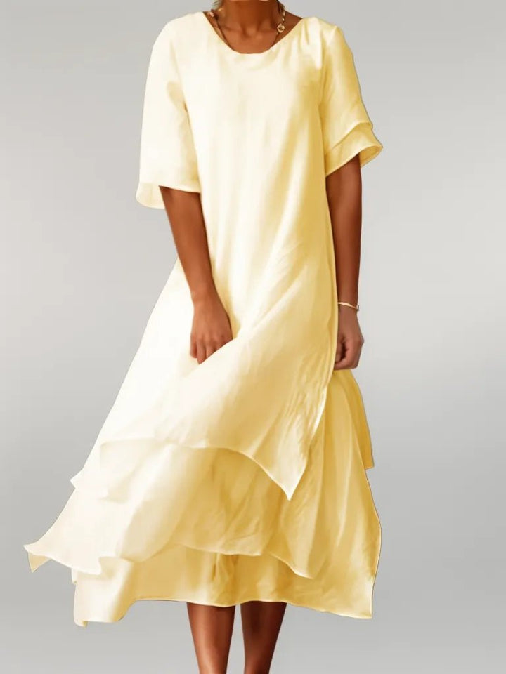 Baumwoll Maxi Kleid Eleganter Rundhals Fließender Schnitt - Yellow