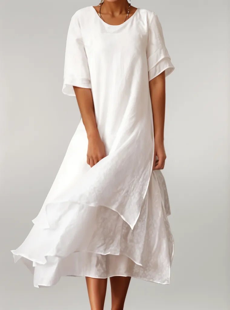 Baumwoll Maxi Kleid Eleganter Rundhals Fließender Schnitt - White