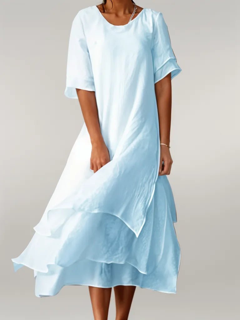 Baumwoll Maxi Kleid Eleganter Rundhals Fließender Schnitt - Blue