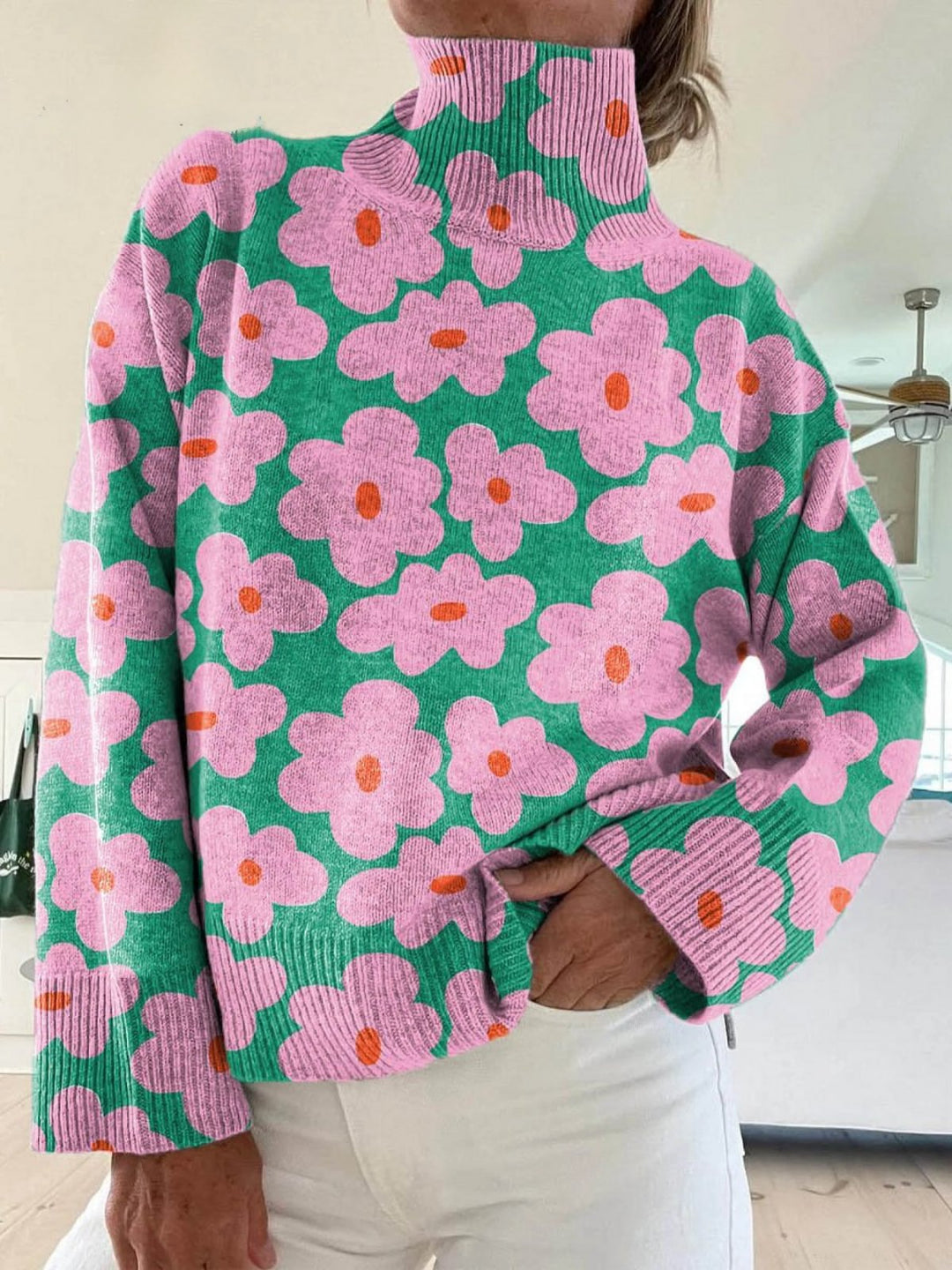 Blumen Strickpullover Rollkragen Langarm Entspannt - Multicolor