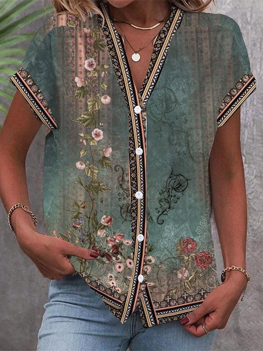 Boho Bluse V-Ausschnitt Kurzarm Blumenmuster Vintage