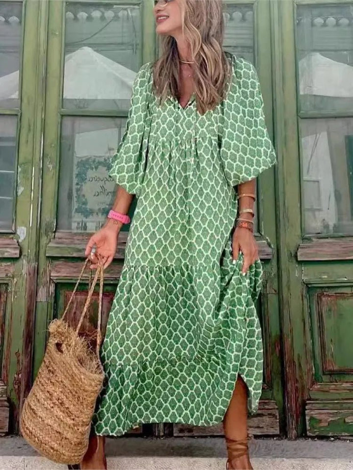 Boho Maxi Kleid V-Ausschnitt Geometrisches Muster - Green