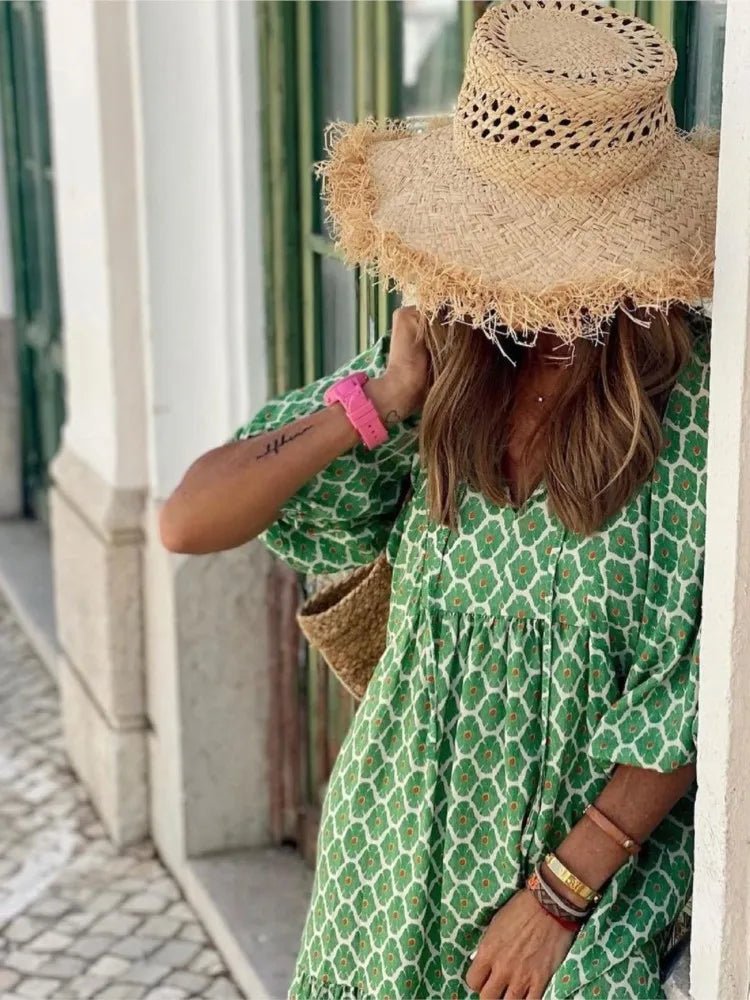 Boho Maxi Kleid V-Ausschnitt Geometrisches Muster