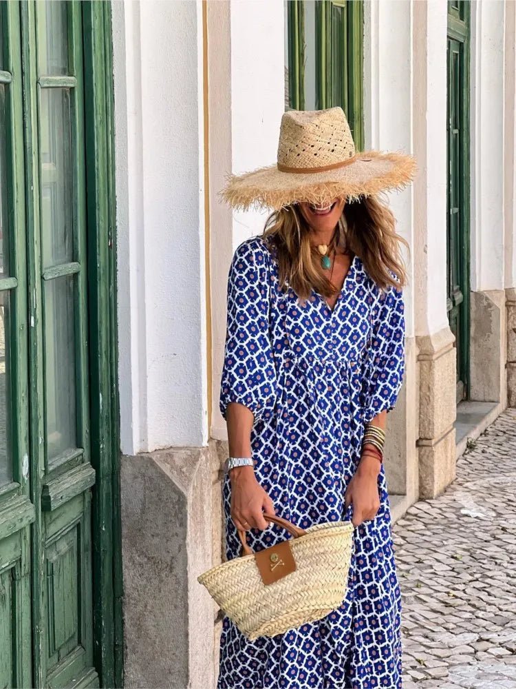 Boho Maxi Kleid V-Ausschnitt Geometrisches Muster
