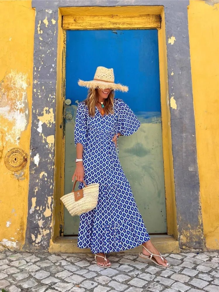 Boho Maxi Kleid V-Ausschnitt Geometrisches Muster - Blue