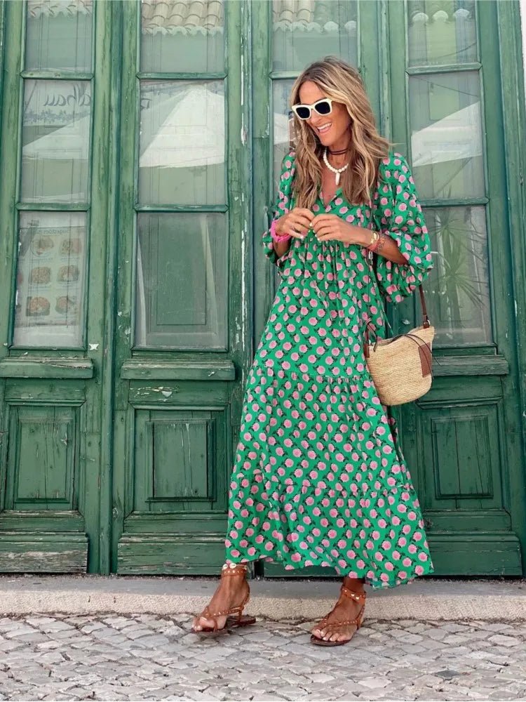 Boho Maxi Kleid V-Ausschnitt Geometrisches Muster - Pink