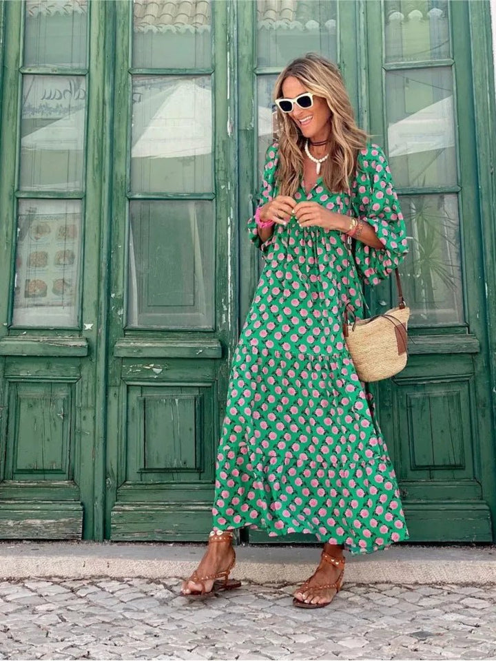 Boho Maxi Kleid V-Ausschnitt Geometrisches Muster - Pink