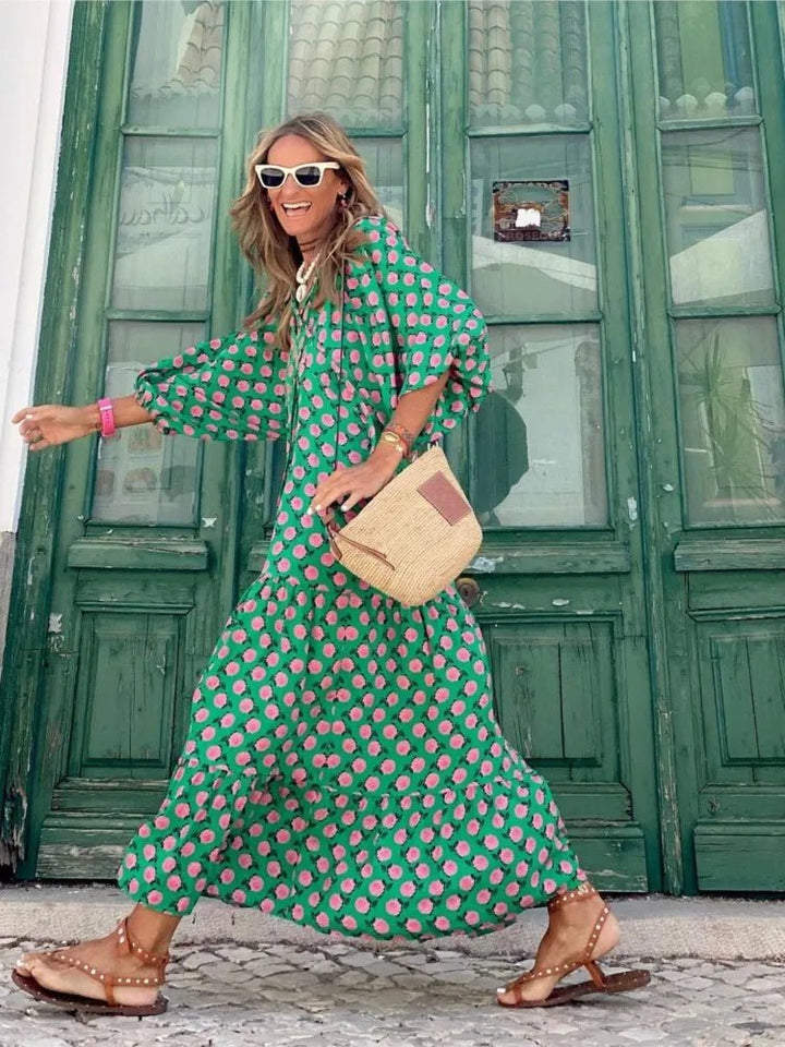Boho Maxi Kleid V-Ausschnitt Geometrisches Muster