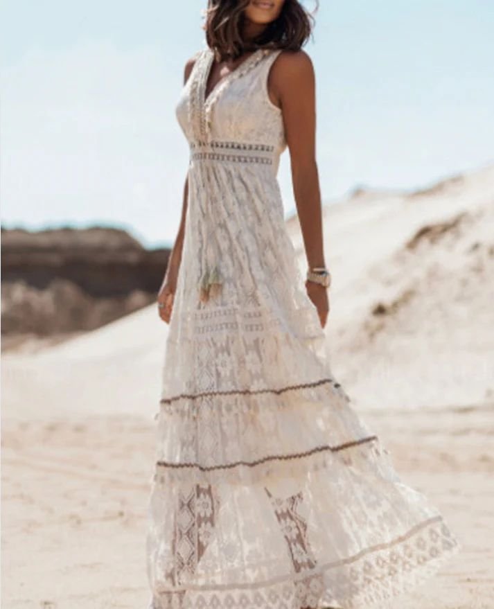 Boho Maxi Kleid V-Ausschnitt Vintage Quasten Bindegürtel