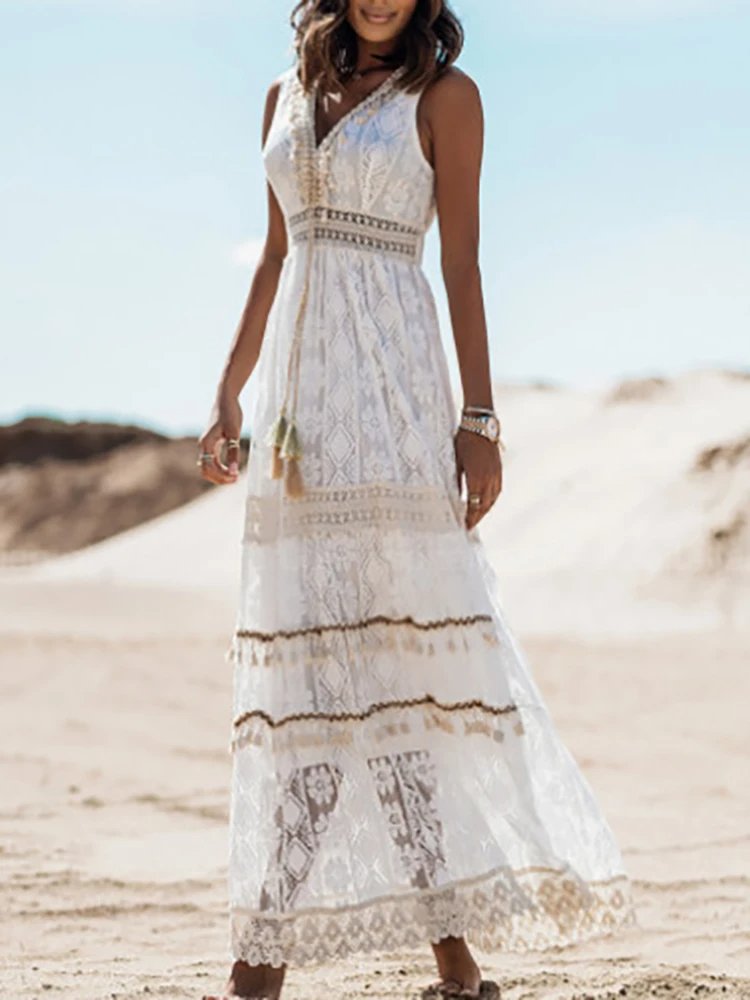 Boho Maxi Kleid V-Ausschnitt Vintage Quasten Bindegürtel