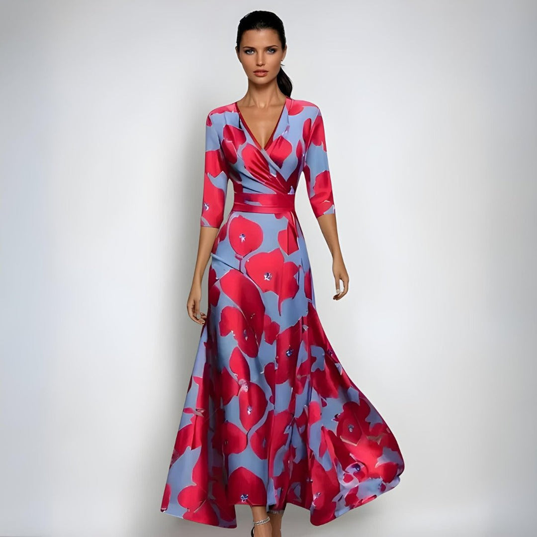 Brautmutter Kleid Geblümtes Wickel-Maxi-Kleid für Hochzeitsgäste - Rot/Blau