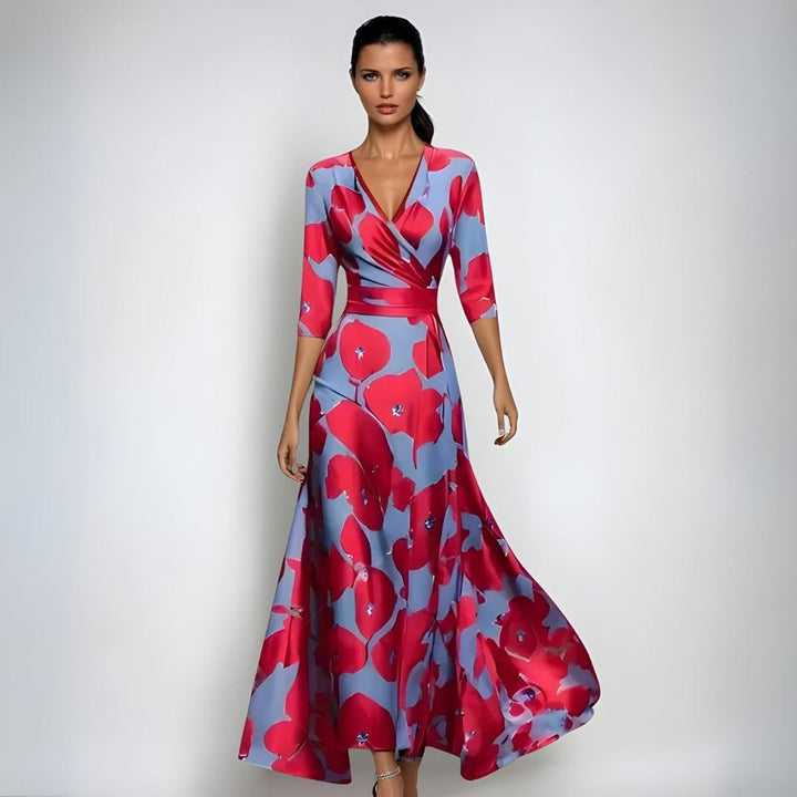 Brautmutter Kleid Geblümtes Wickel-Maxi-Kleid für Hochzeitsgäste - Rot/Blau
