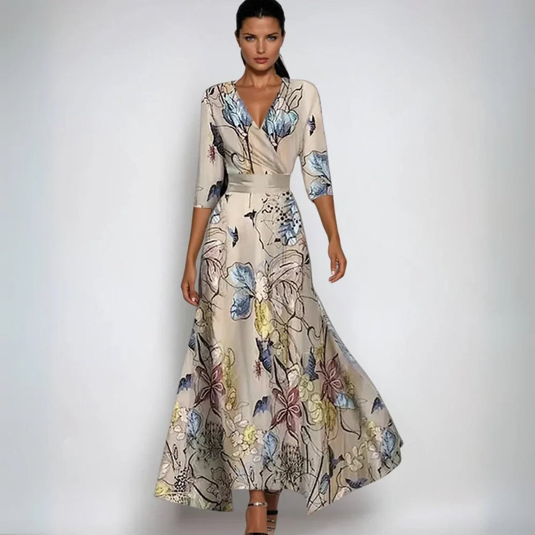 Brautmutter Kleid Geblümtes Wickel-Maxi-Kleid für Hochzeitsgäste - Sand/Beige