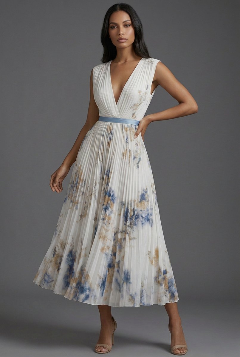 Brautmutter Kleid Plissiertes Blumen Midi V-Ausschnitt Hochzeitskleid - Weiß
