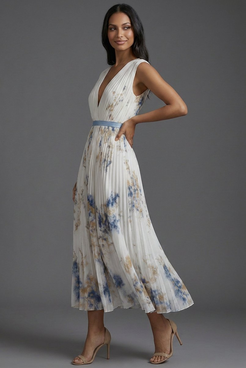 Brautmutter Kleid Plissiertes Blumen Midi V-Ausschnitt Hochzeitskleid